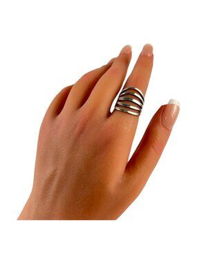 Vintage Taxco Eagle 3 Modernist Ribbed Sterling Silver Ring 6.5